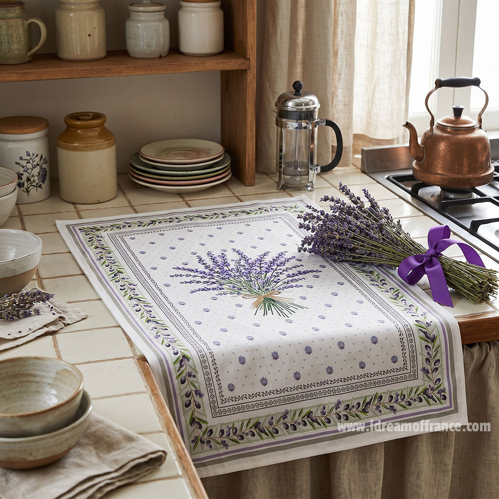 French kitchen towel by I Dream of France, natural printed cotton dish towel with Lauris design for kitchen use.