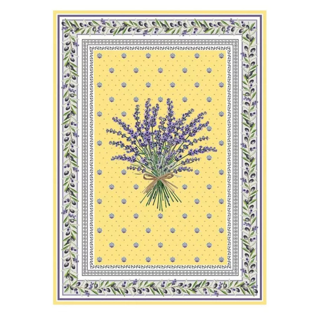 Yellow printed cotton French kitchen towel with Lauris design by I Dream of France, ideal for drying dishes and kitchen decor.