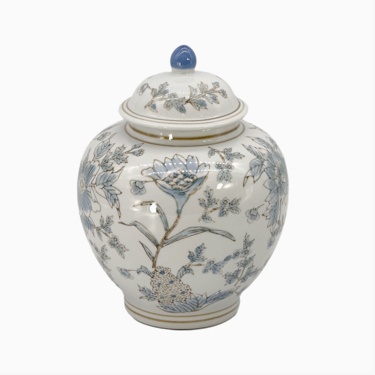 White and blue ceramic Chinoiserie floral vase, 10-inch decorative jar with intricate floral patterns.