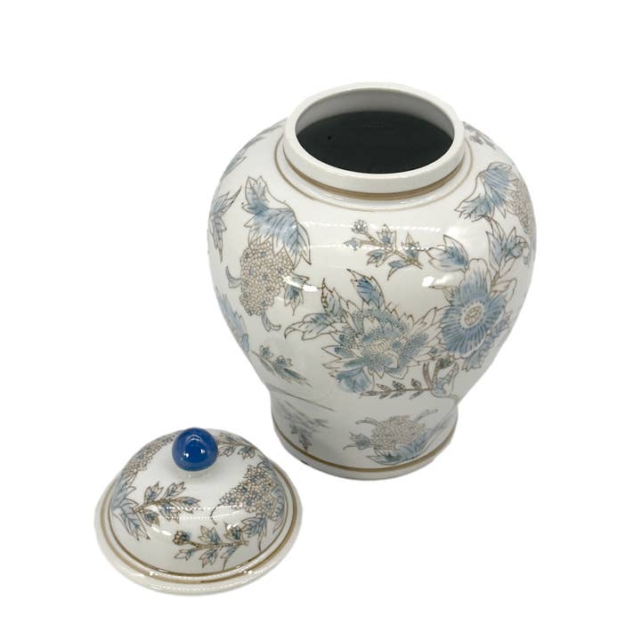 White and blue floral ceramic Chinoiserie vase, 12-inch decorative jar with intricate floral patterns, crafted by Shop Holly J Home.