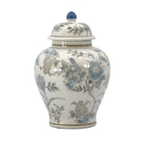 White and blue floral ceramic Chinoiserie vase, 12-inch decorative jar with intricate floral patterns.